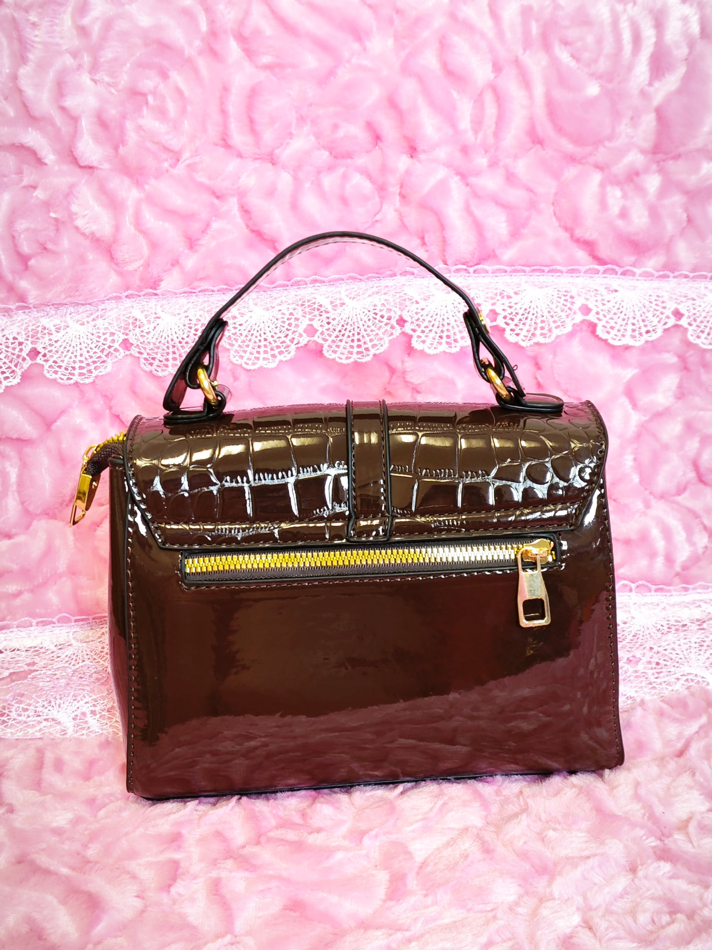 Dark Brown Patent Crocodile Handbag