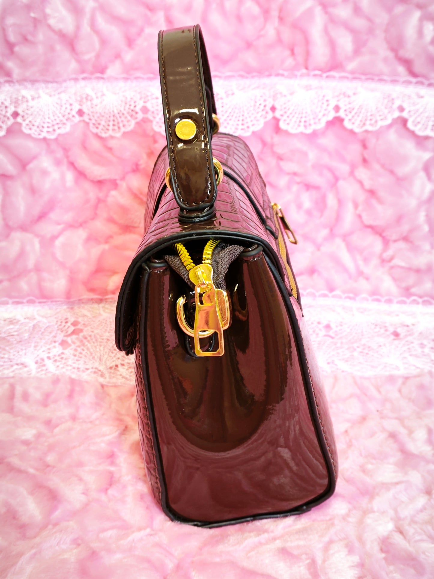 Dark Brown Patent Crocodile Handbag