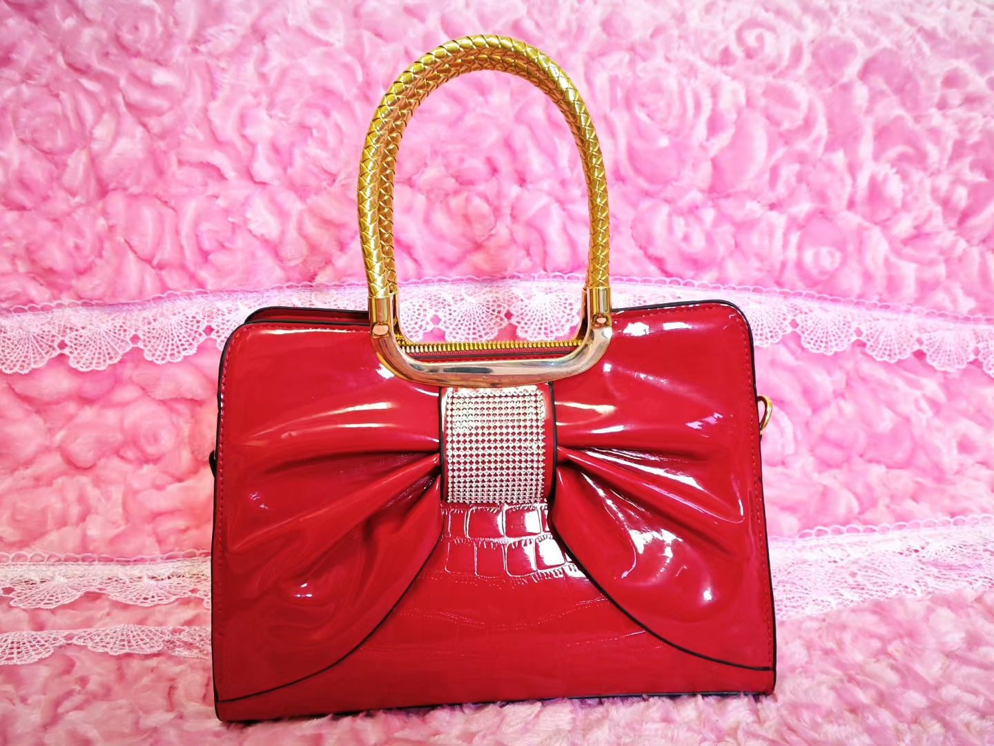 Bright Red Handbag with Diamond-Embellished Bow