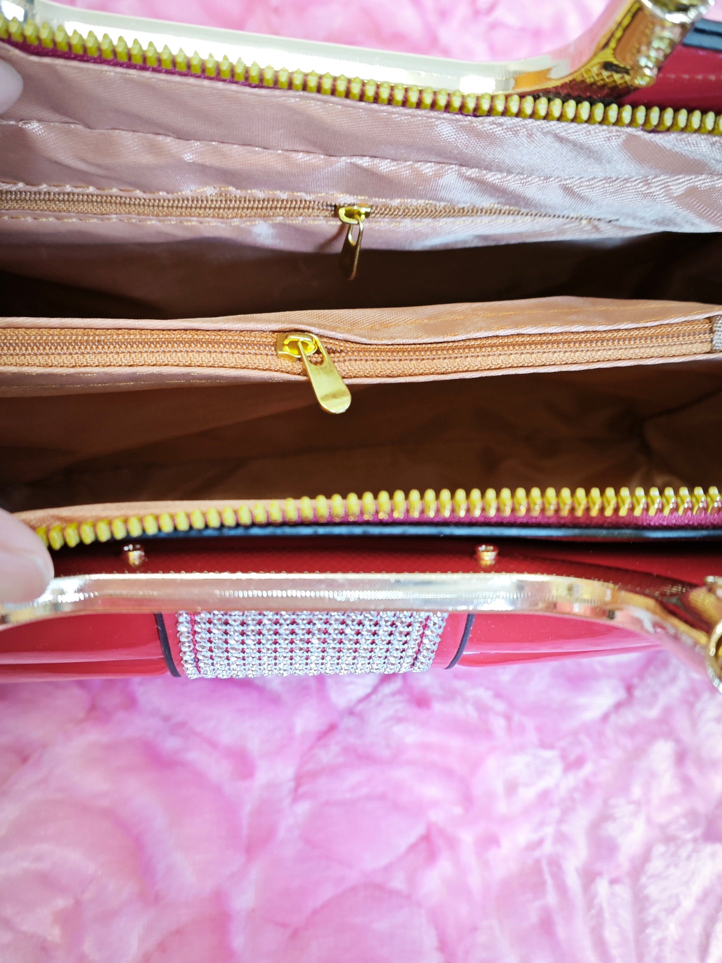 Bright Red Handbag with Diamond-Embellished Bow