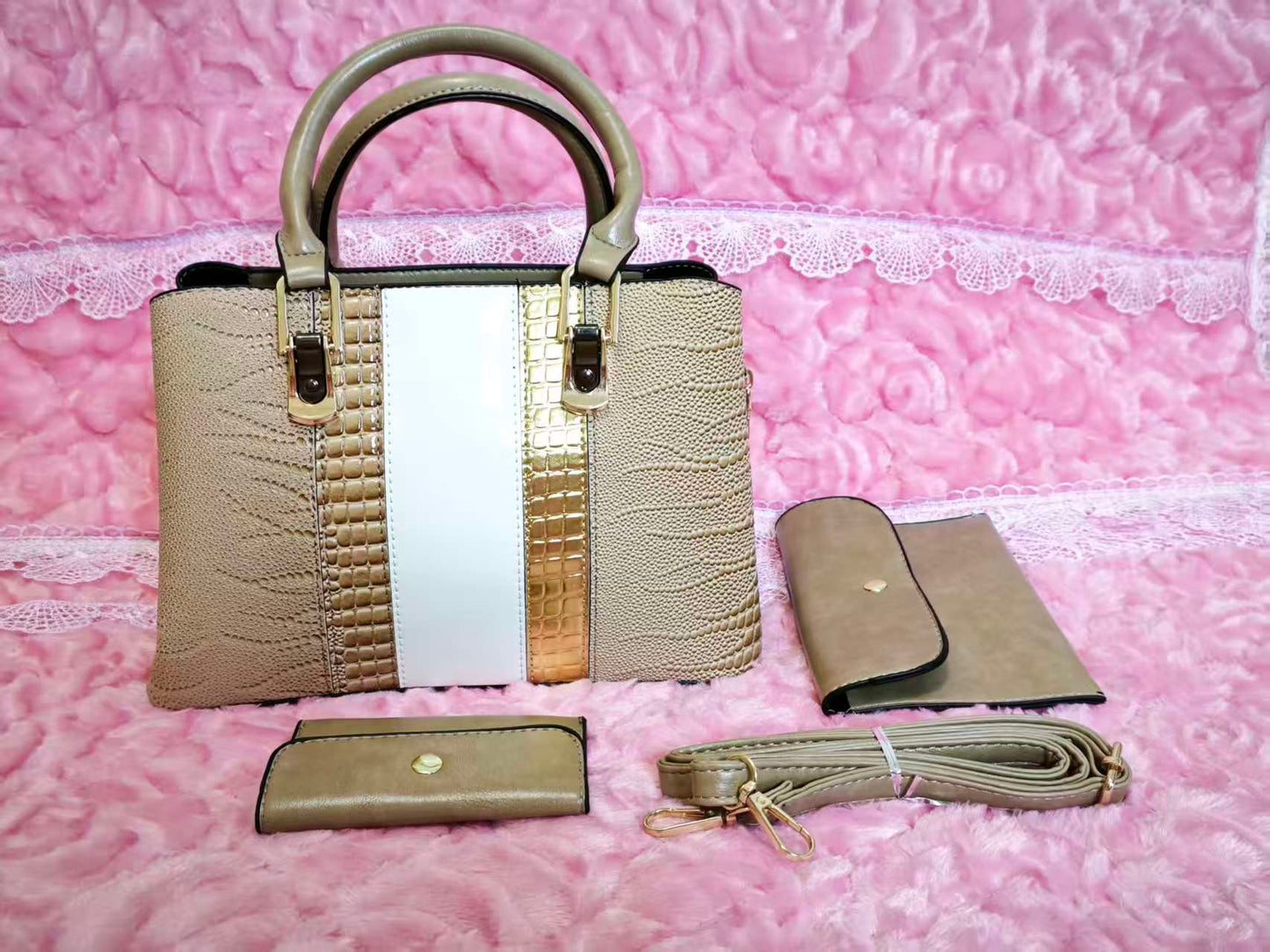 Light Brown & Gold-White Crocodile-Print 3-Piece Handbag