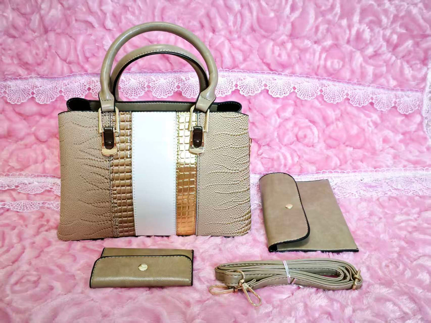 Light Brown & Gold-White Crocodile-Print 3-Piece Handbag