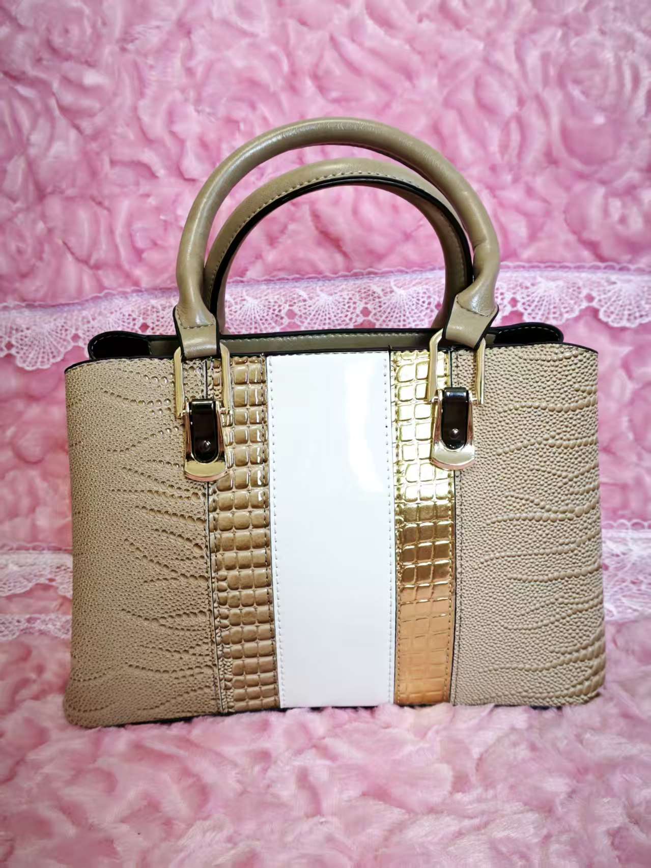 Light Brown & Gold-White Crocodile-Print 3-Piece Handbag