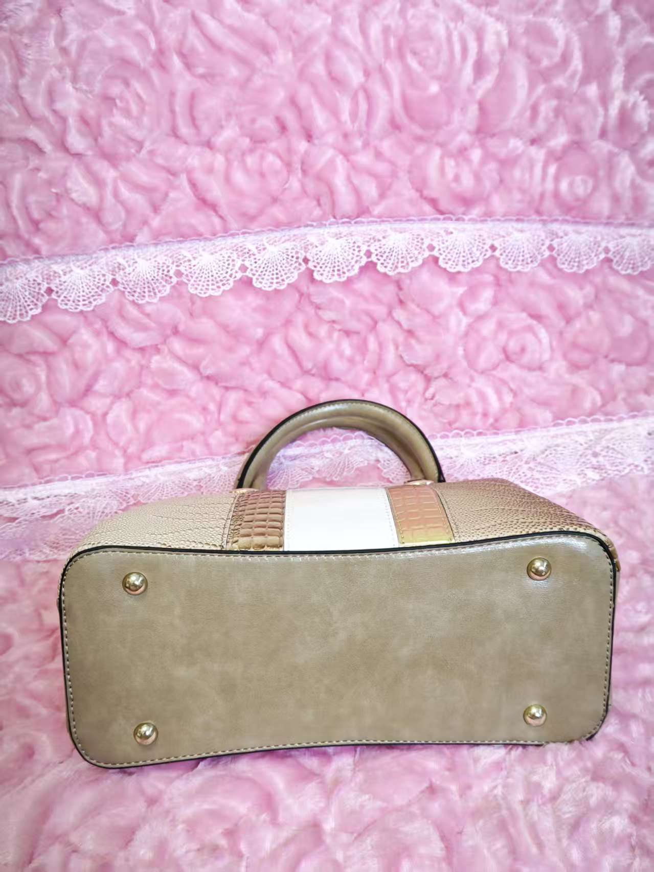 Light Brown & Gold-White Crocodile-Print 3-Piece Handbag