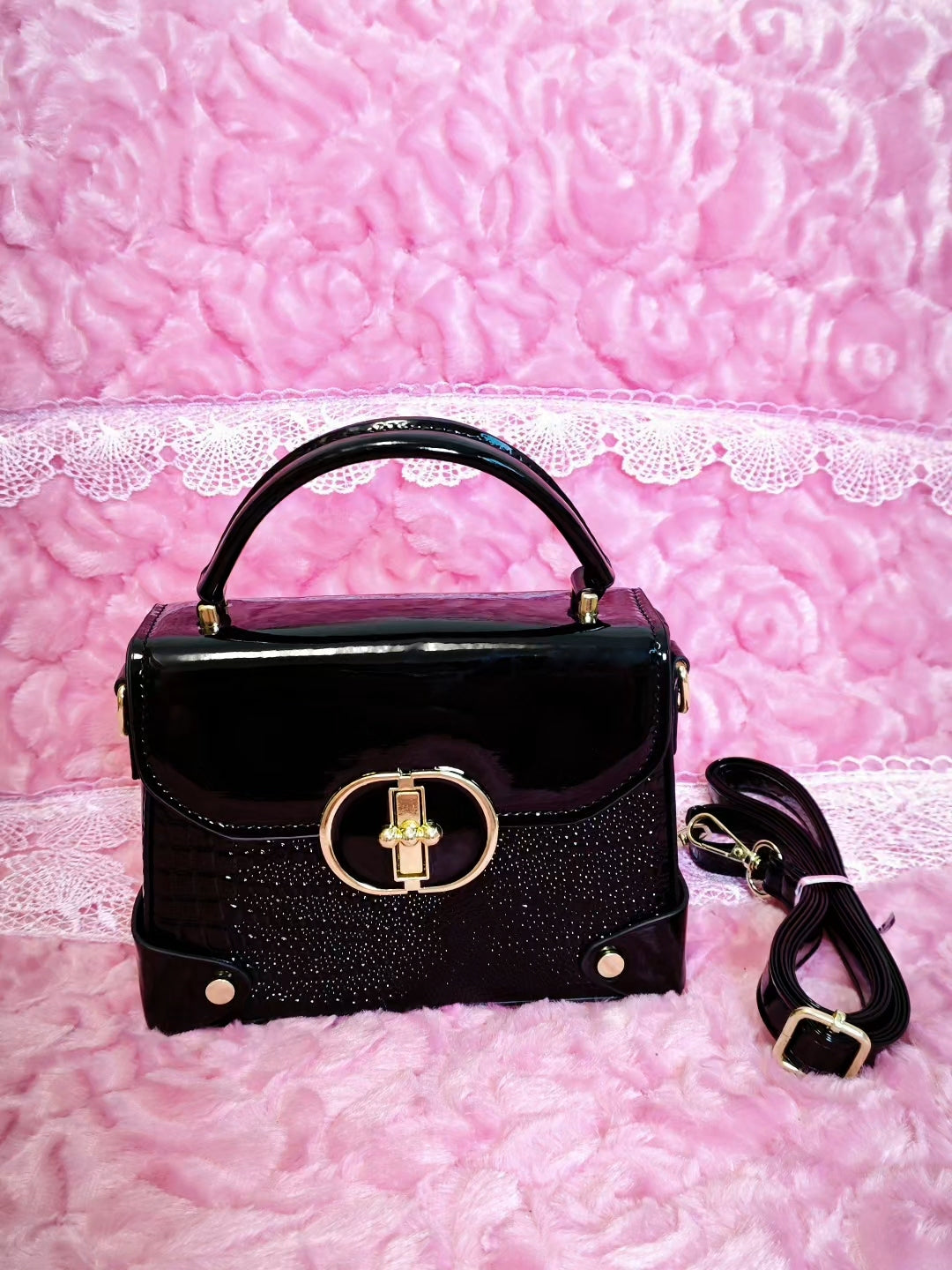Black Handbag with Diamond-Embellished Crocodile Print