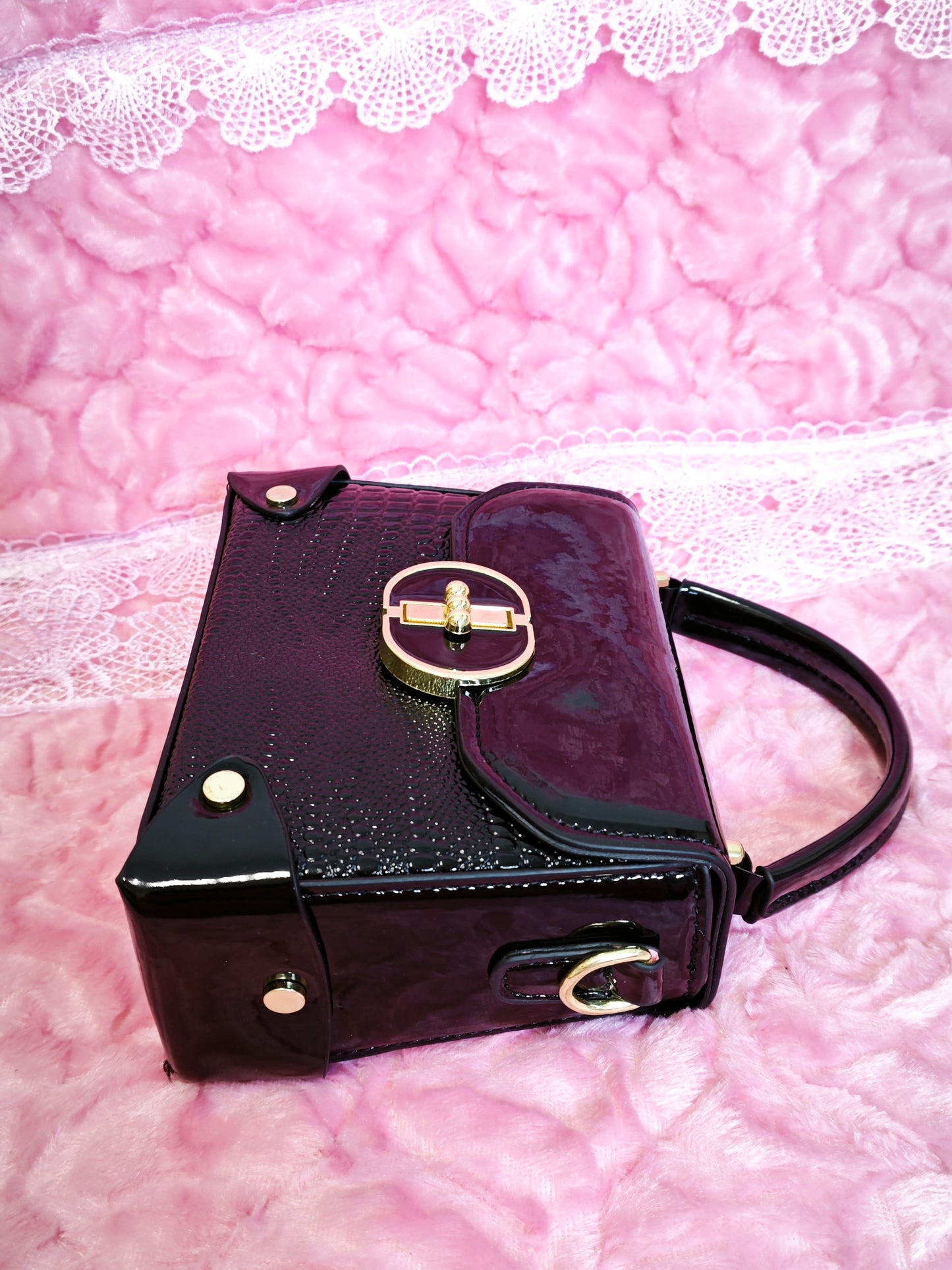 Black Handbag with Diamond-Embellished Crocodile Print