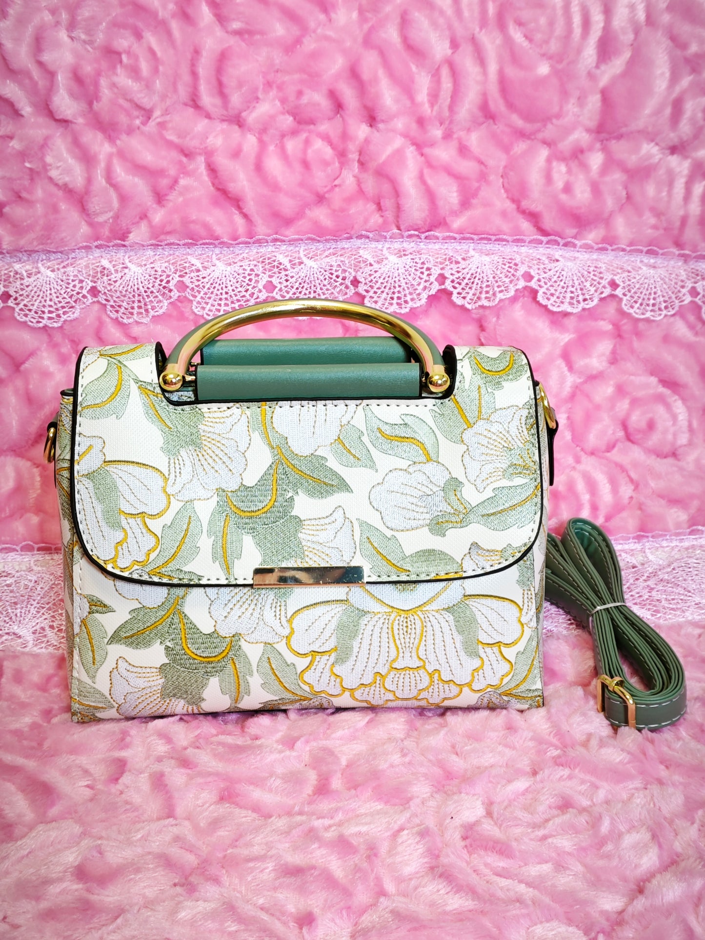 White Floral-Patterned Handbag with Dark Green Accents