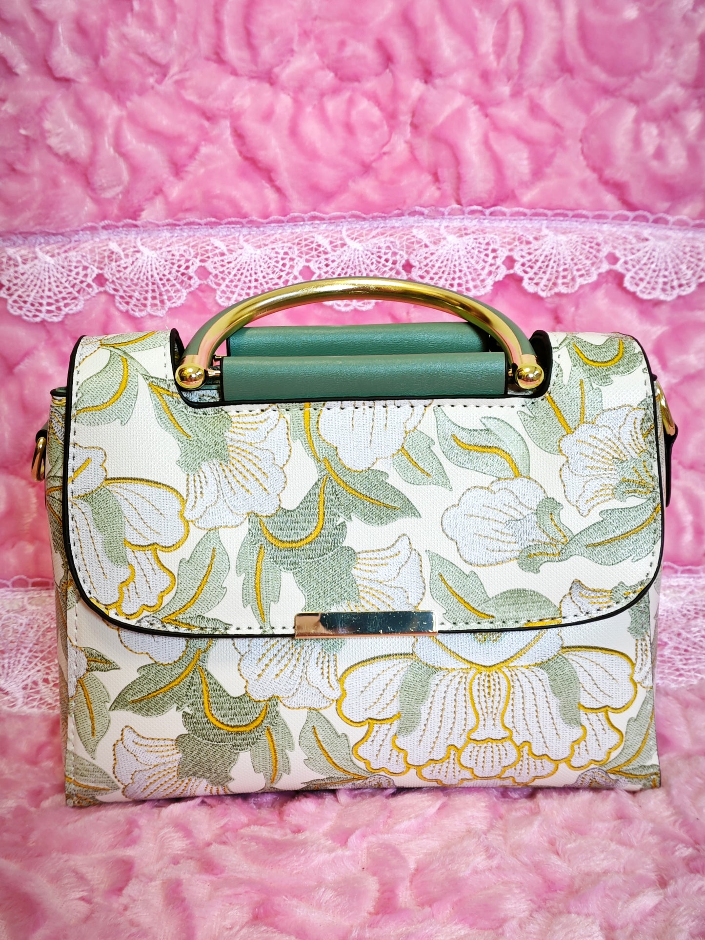White Floral-Patterned Handbag with Dark Green Accents