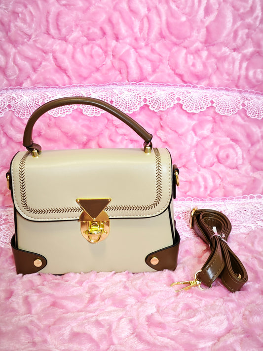 Light Apricot & Brown Stitched Handbag
