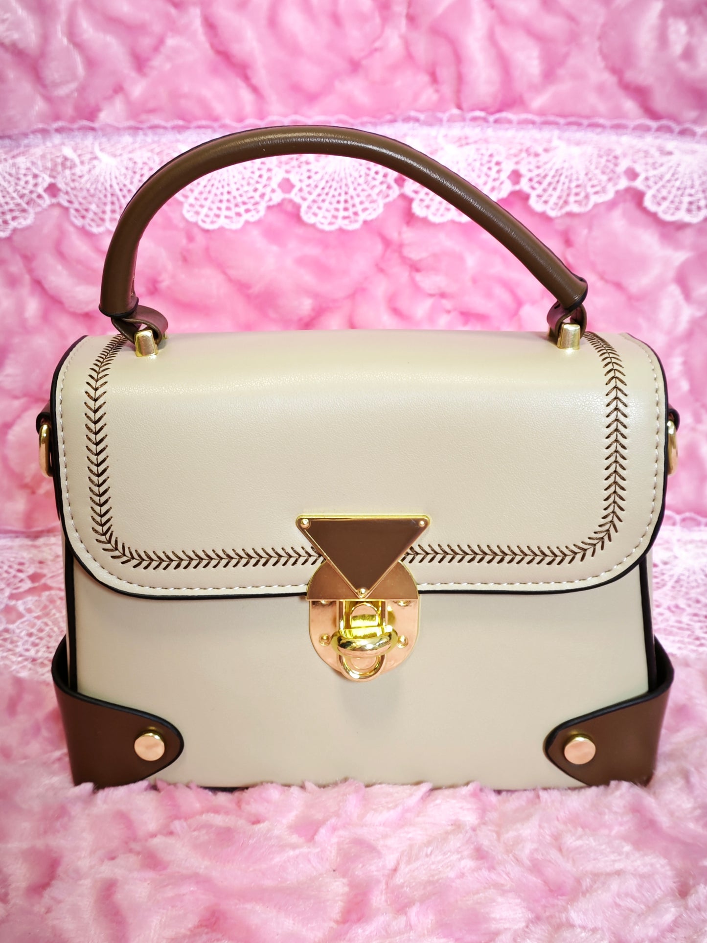 Light Apricot & Brown Stitched Handbag
