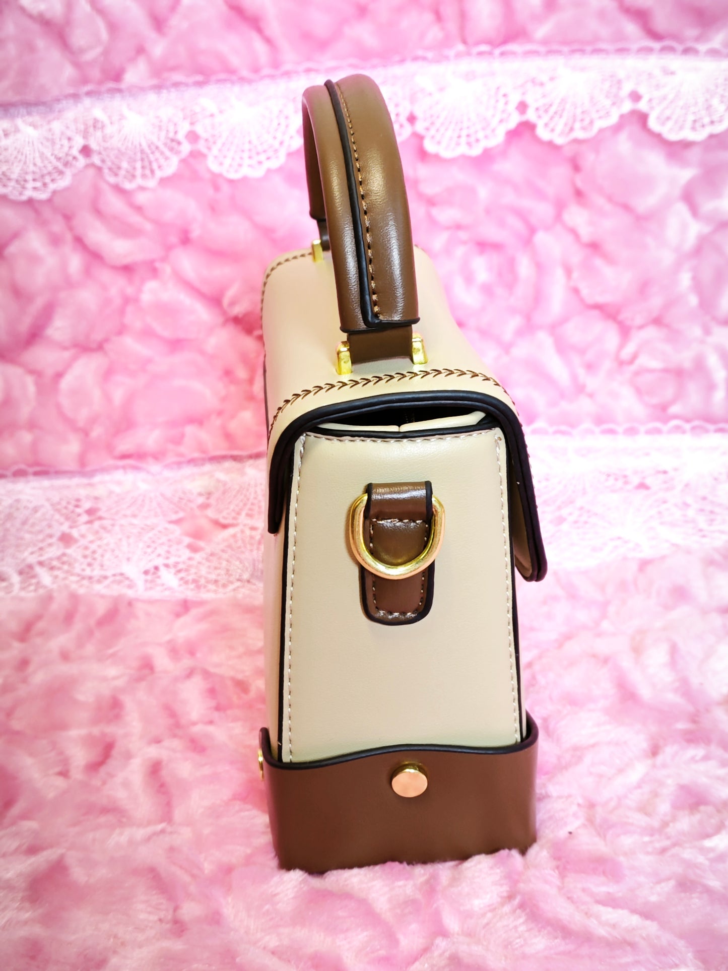 Light Apricot & Brown Stitched Handbag