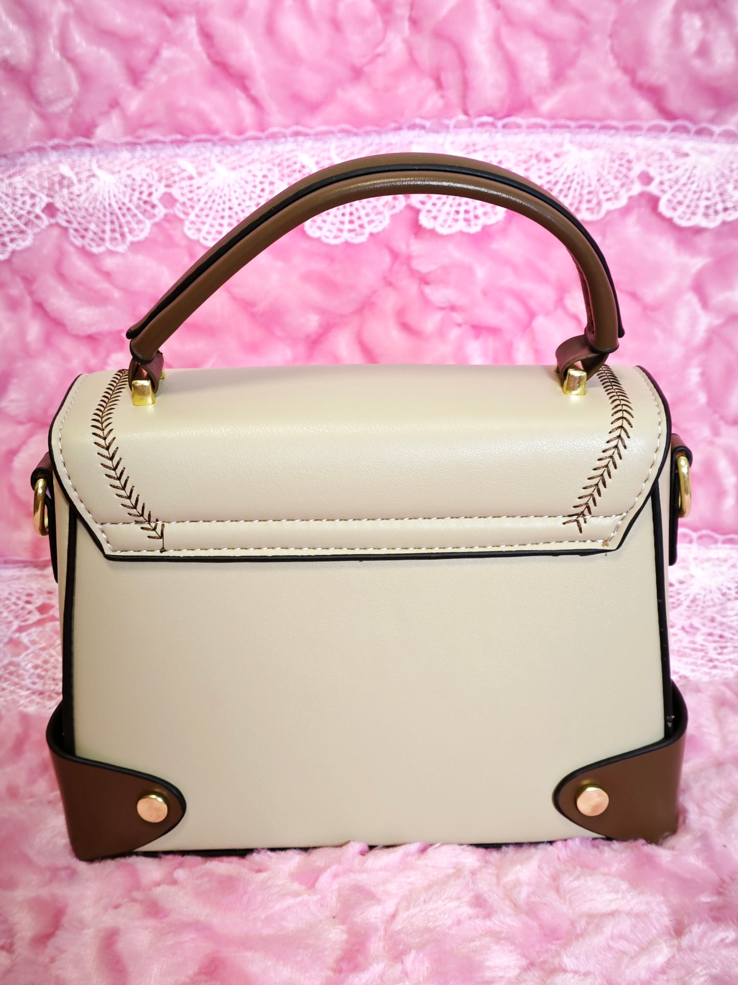 Light Apricot & Brown Stitched Handbag
