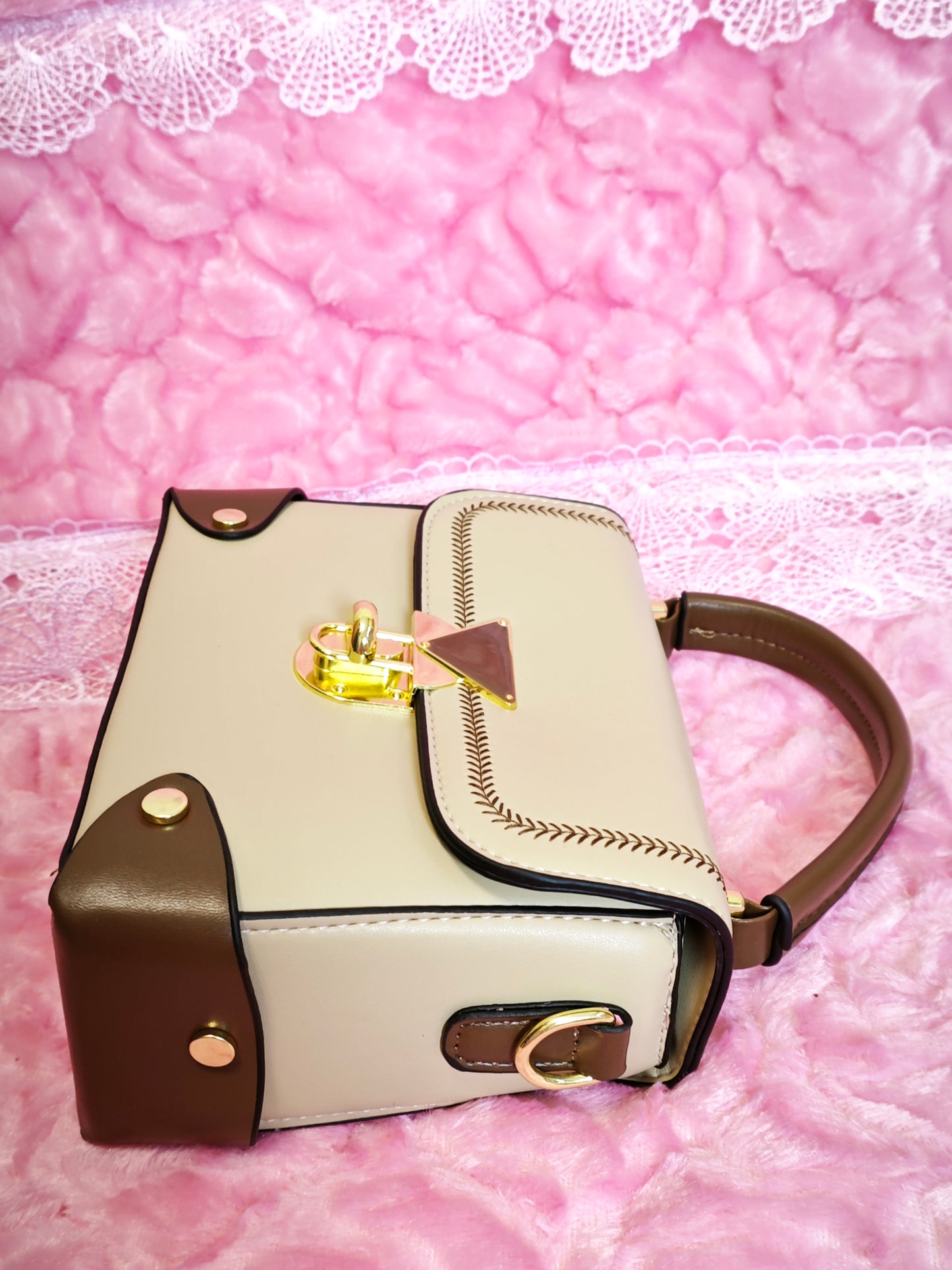 Light Apricot & Brown Stitched Handbag