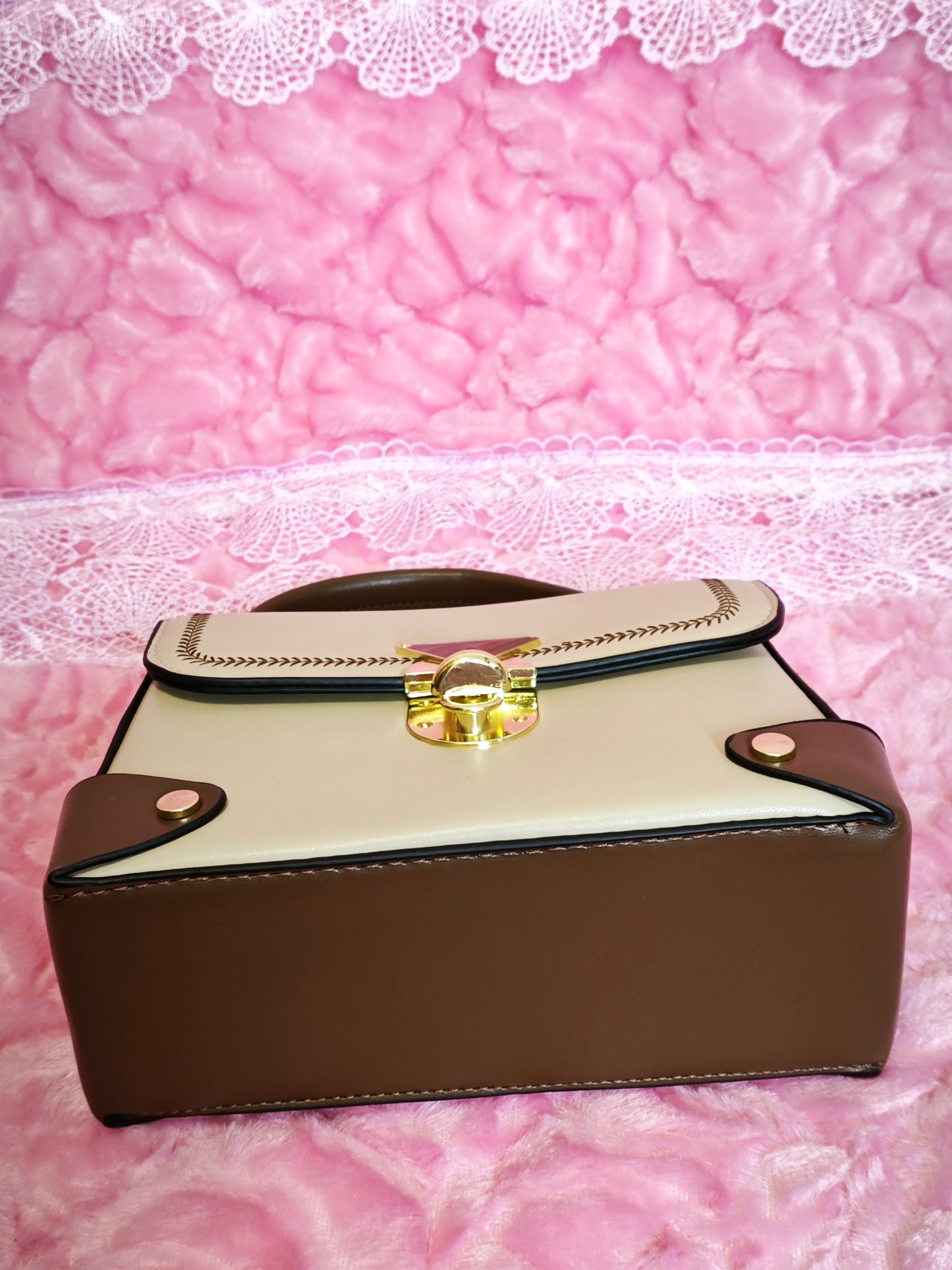 Light Apricot & Brown Stitched Handbag