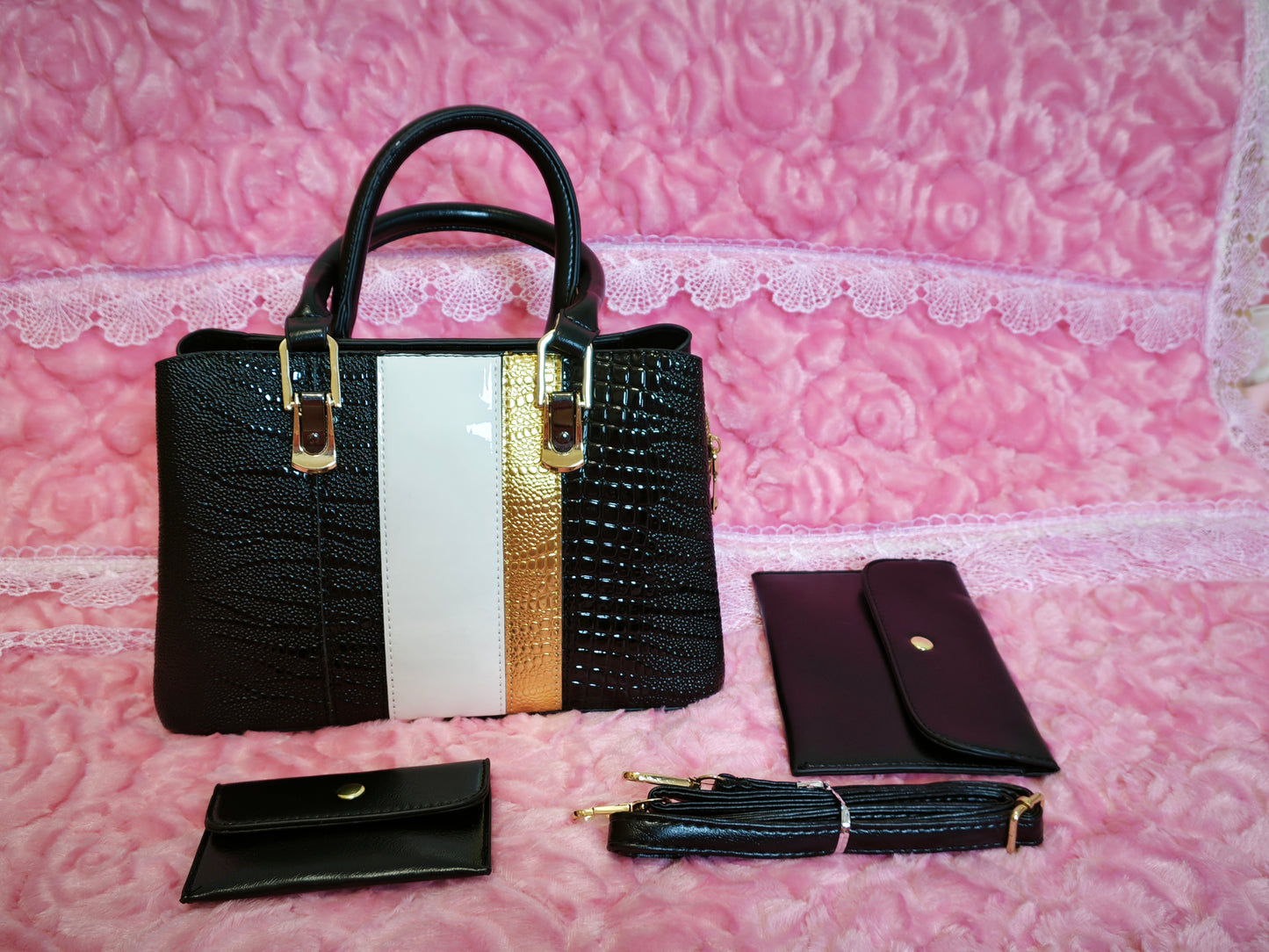 Black & Gold-White Crocodile-Print 3-Piece Handbag