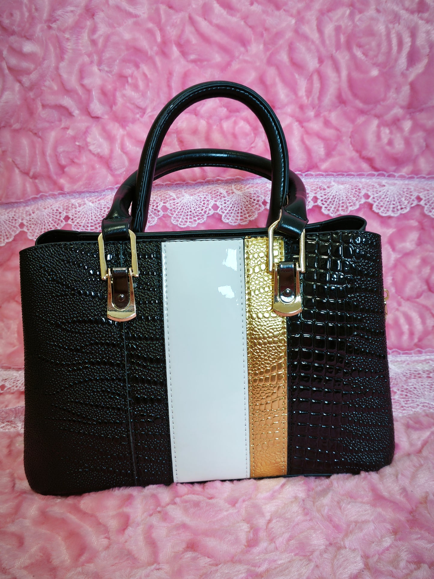 Black & Gold-White Crocodile-Print 3-Piece Handbag