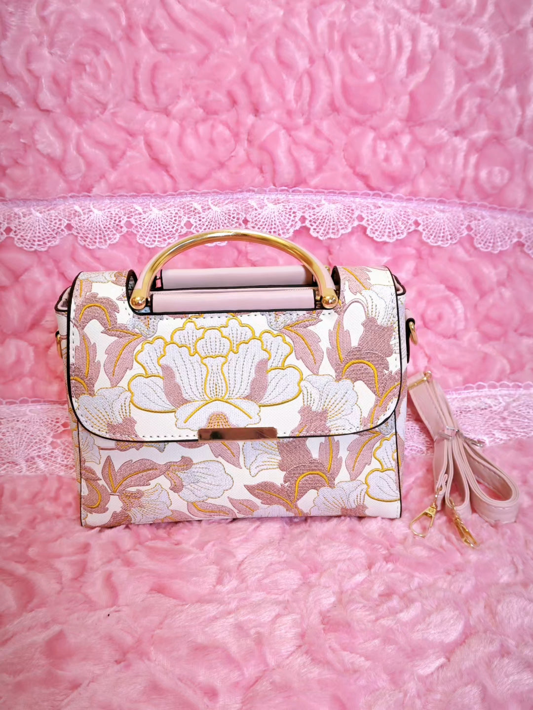 White Handbag with Pink-Gold Floral Pattern