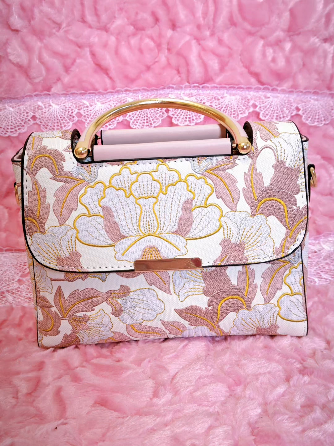 White Handbag with Pink-Gold Floral Pattern