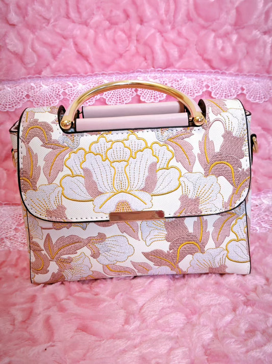 White Handbag with Pink-Gold Floral Pattern
