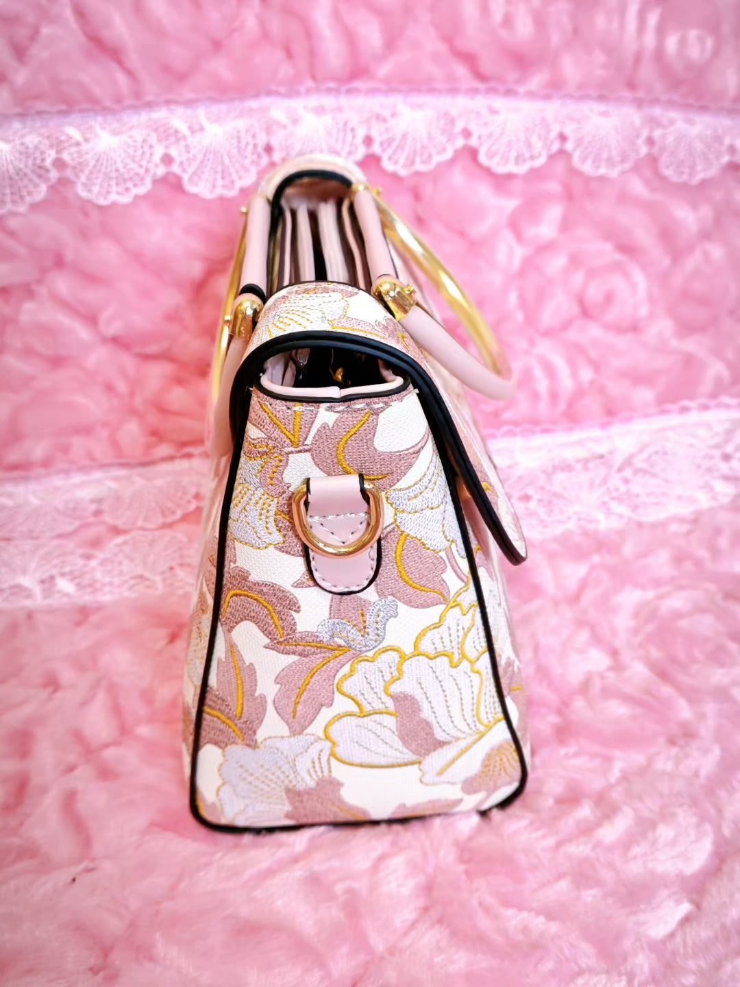 White Handbag with Pink-Gold Floral Pattern