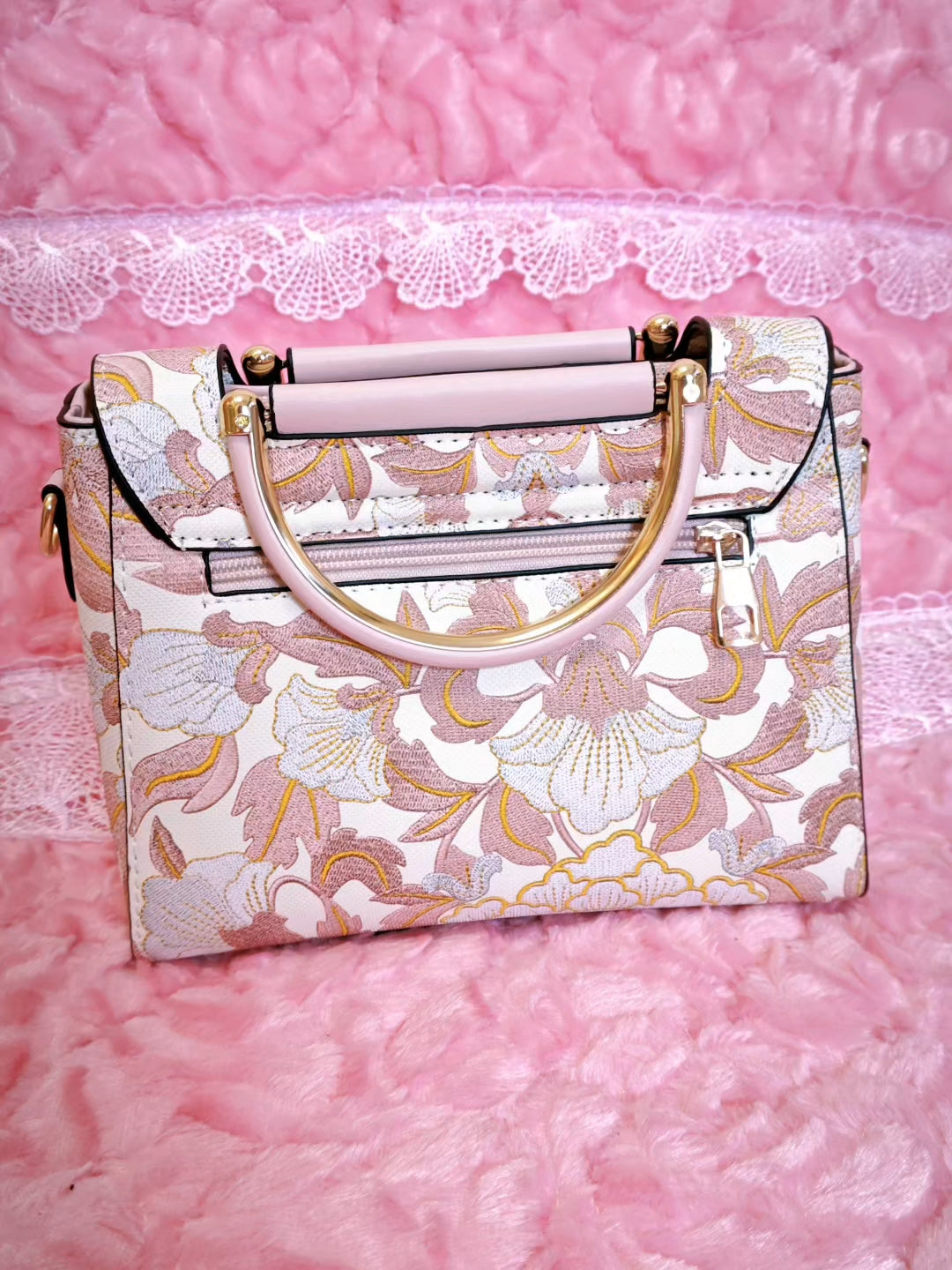 White Handbag with Pink-Gold Floral Pattern