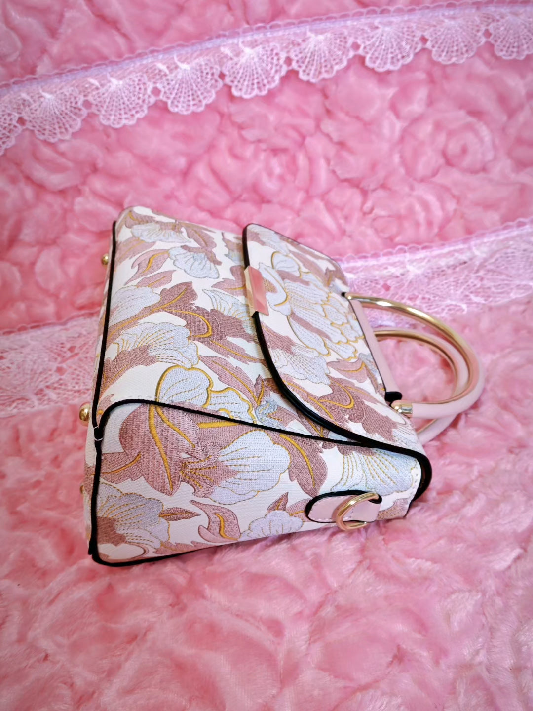 White Handbag with Pink-Gold Floral Pattern