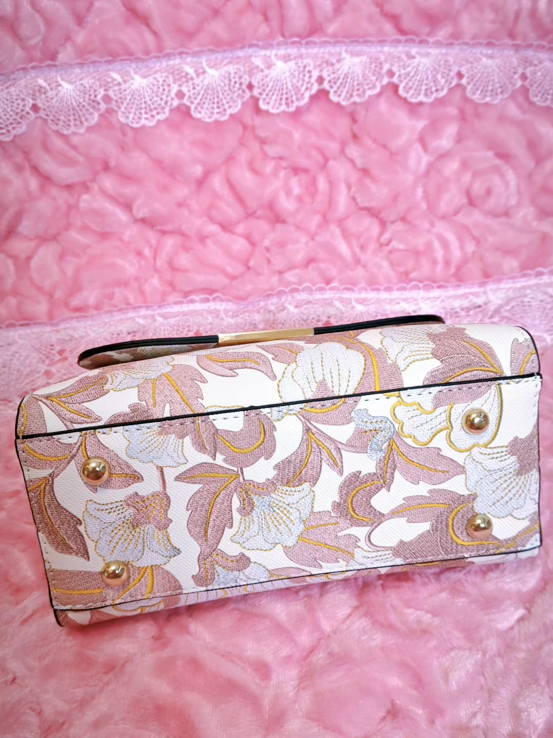 White Handbag with Pink-Gold Floral Pattern