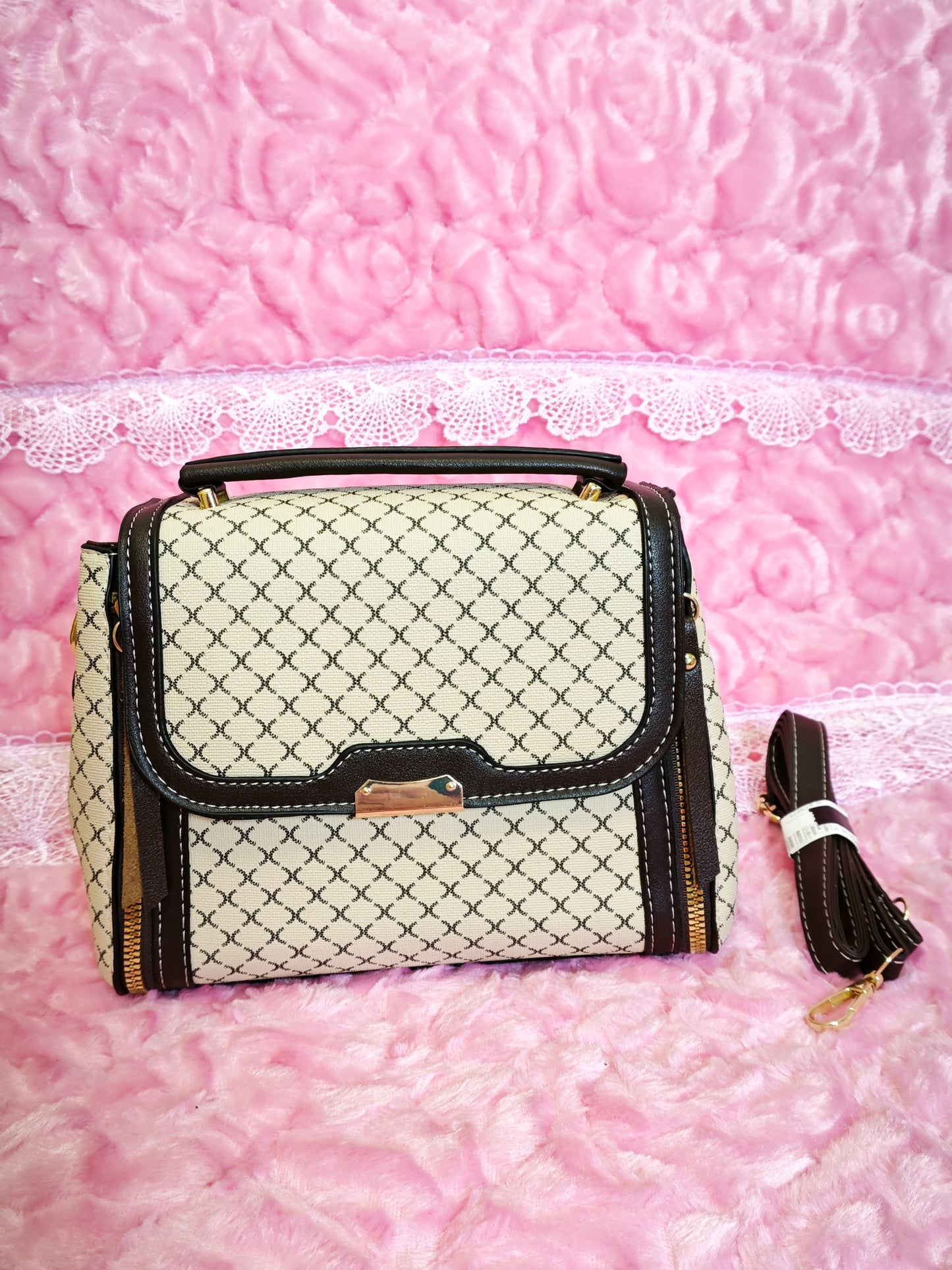 Beige Grid-Patterned Handbag with Brown Accents