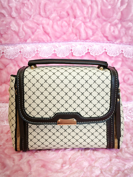 Beige Grid-Patterned Handbag with Brown Accents