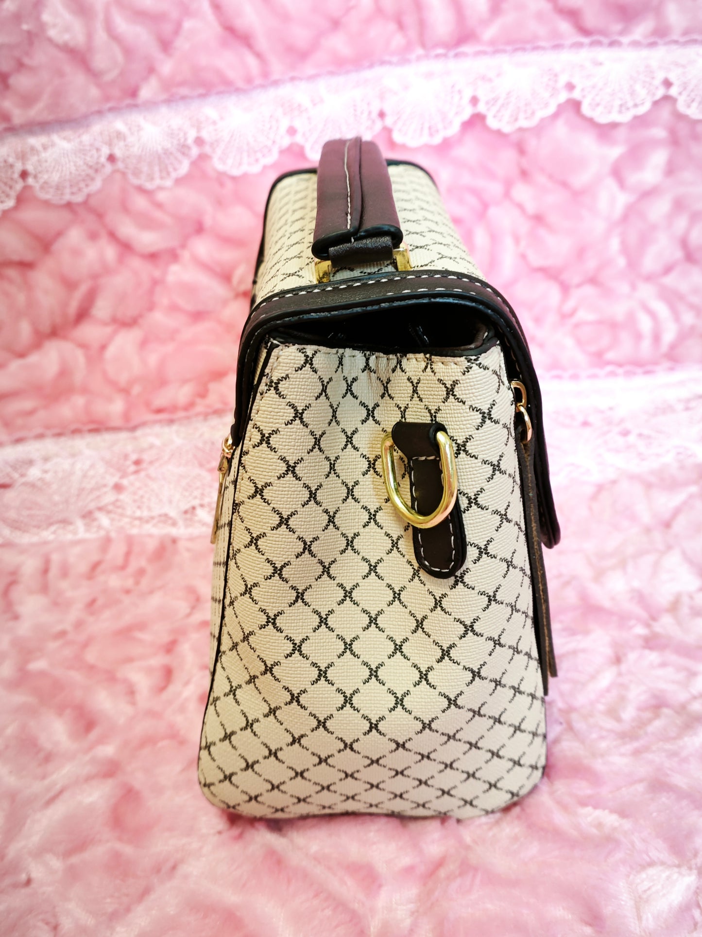 Beige Grid-Patterned Handbag with Brown Accents