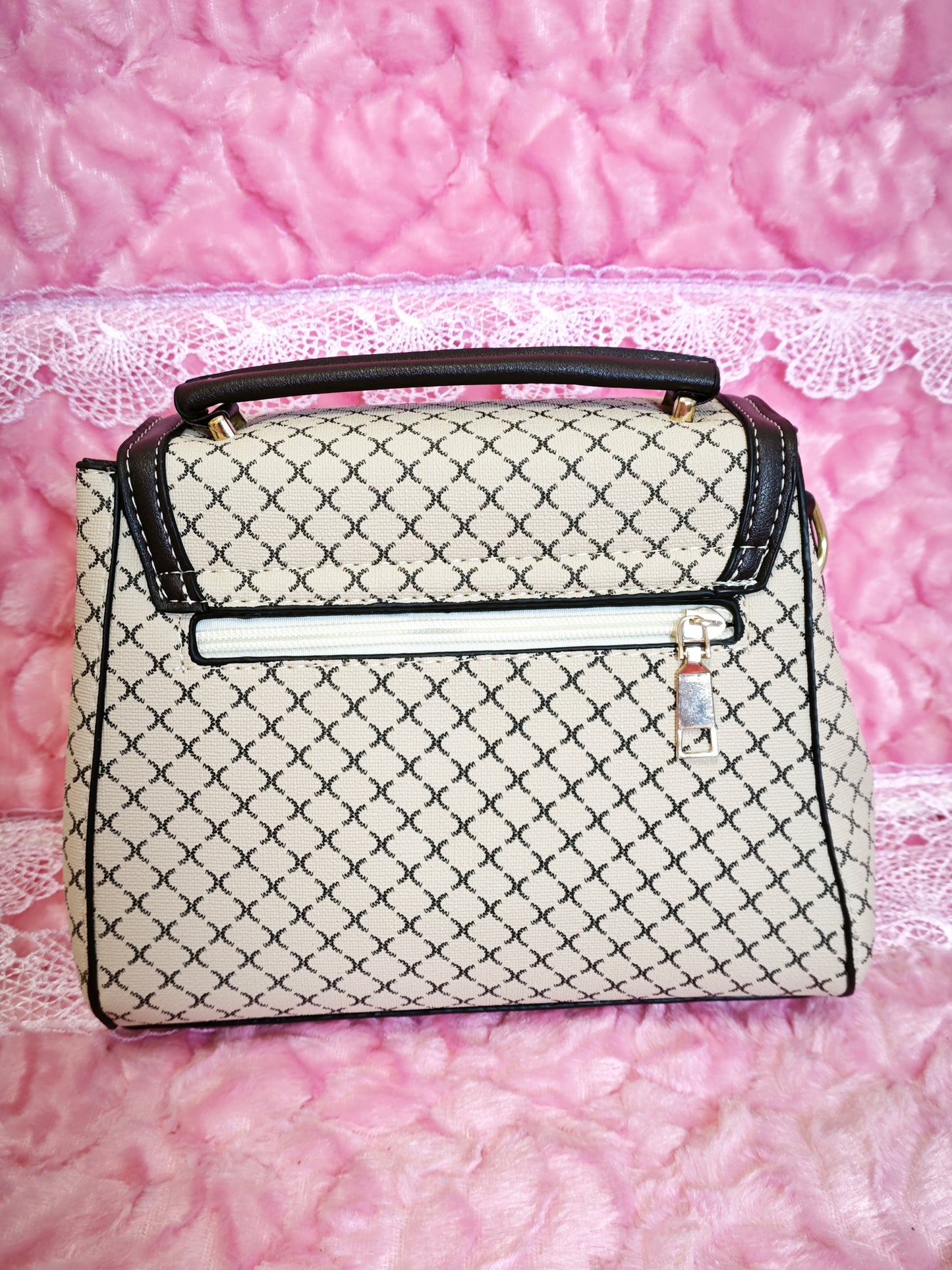 Beige Grid-Patterned Handbag with Brown Accents