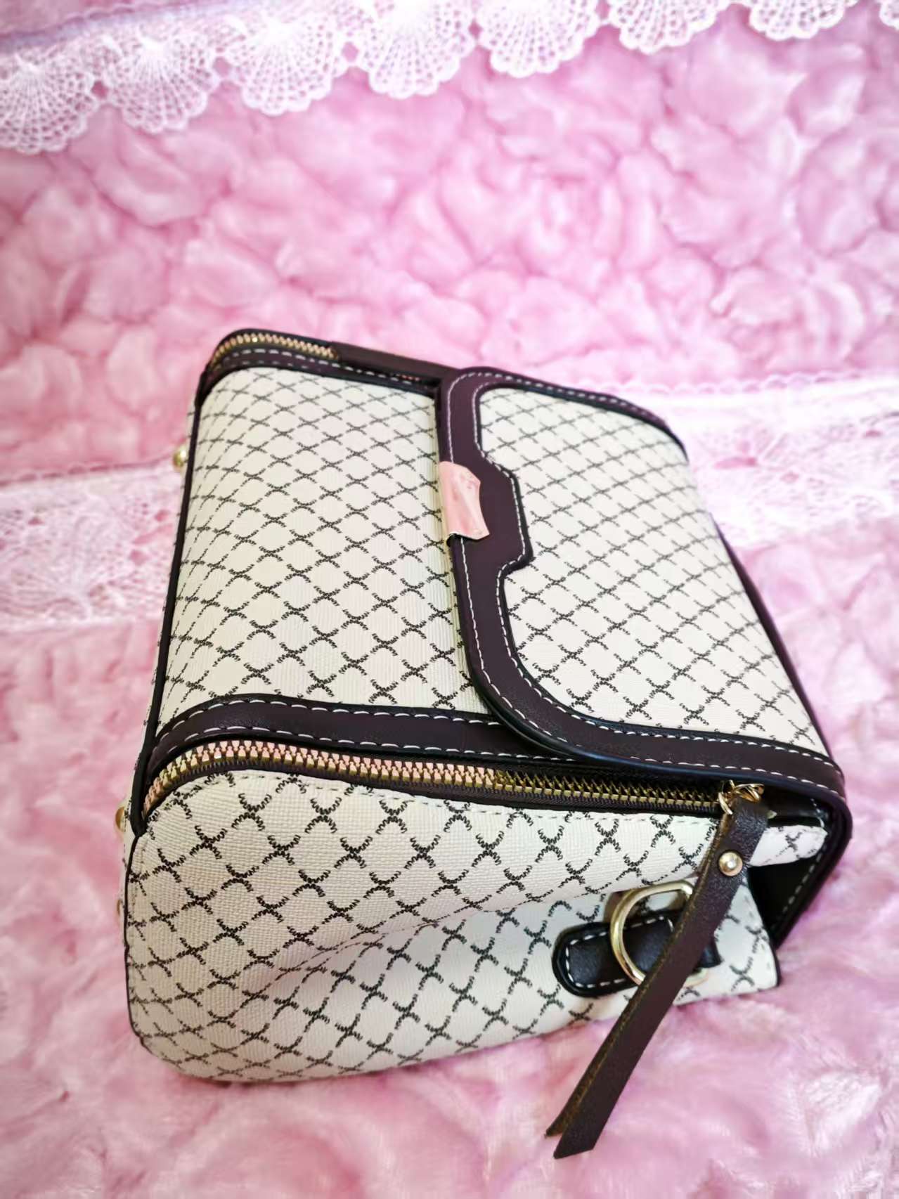 Beige Grid-Patterned Handbag with Brown Accents