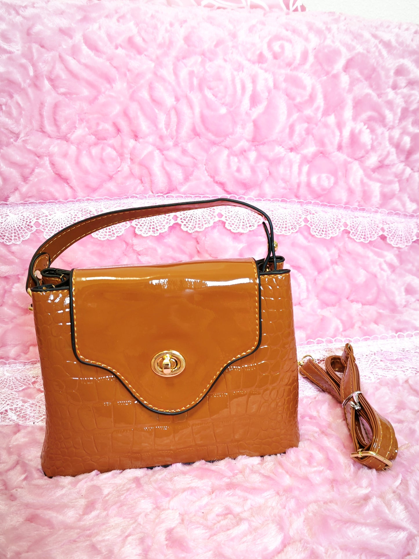 Caramel Patent Crocodile-Print Handbag