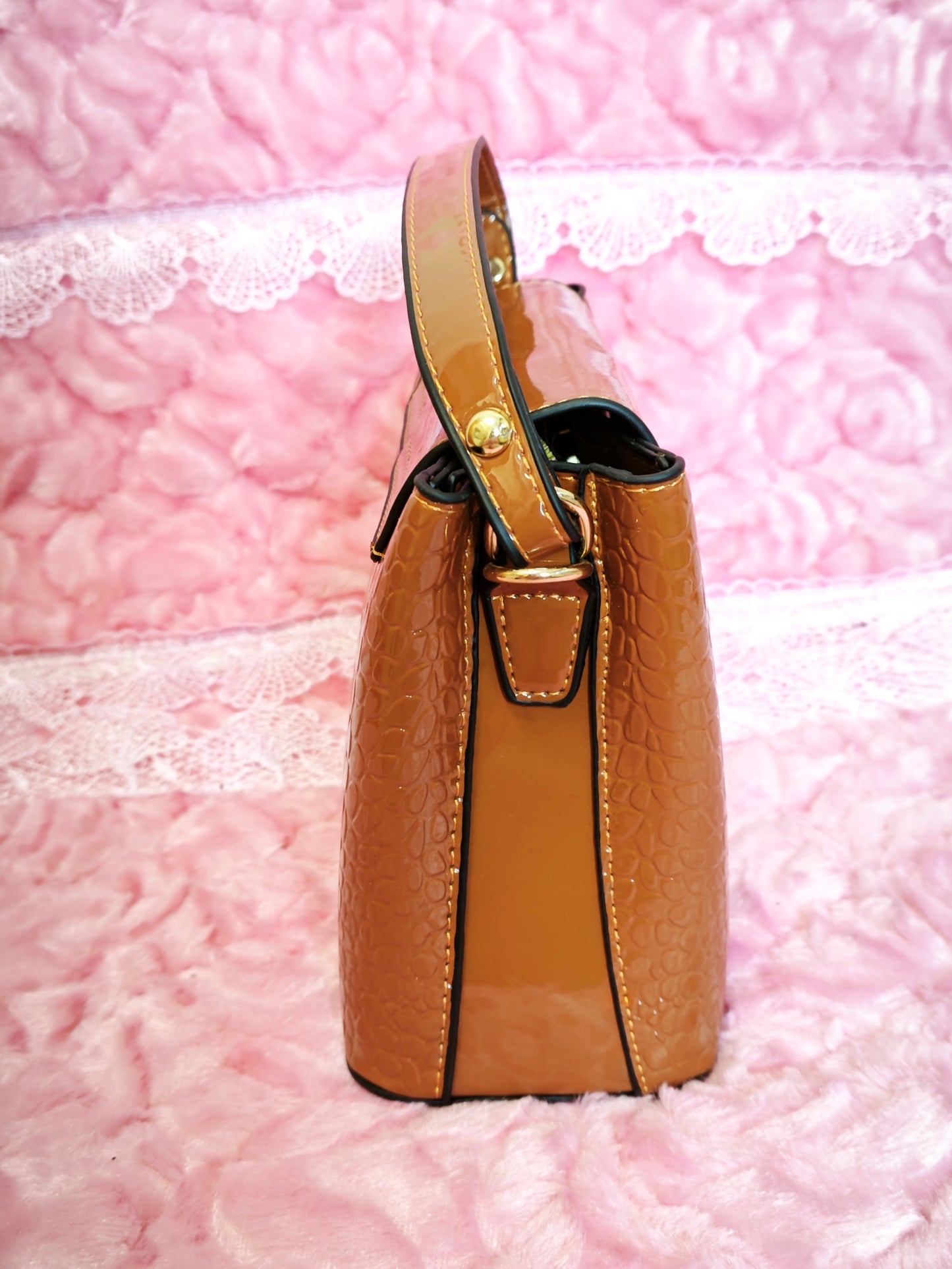 Caramel Patent Crocodile-Print Handbag