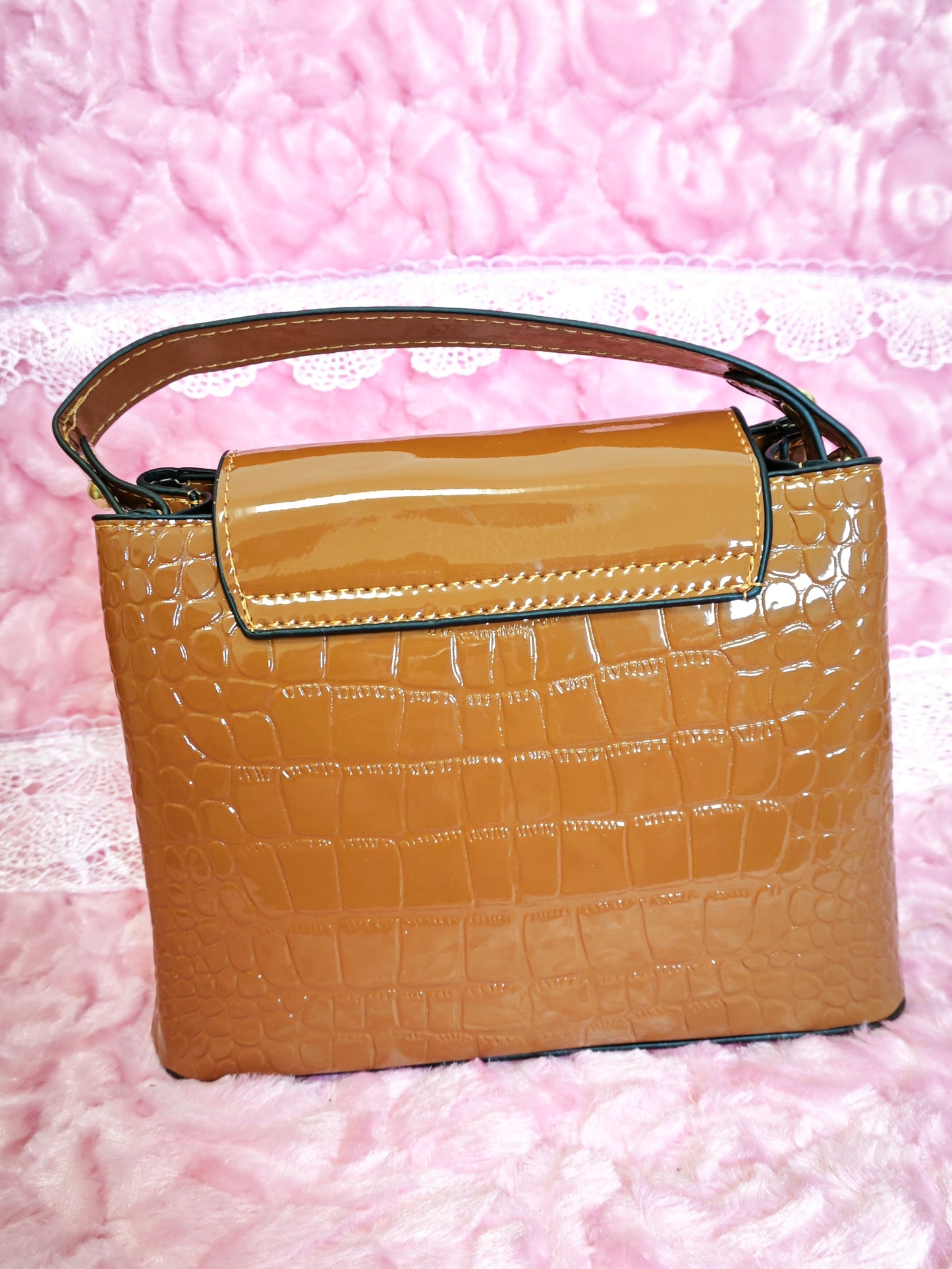 Caramel Patent Crocodile-Print Handbag