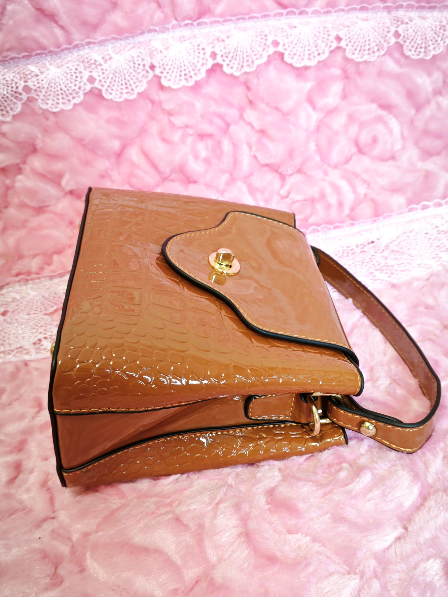 Caramel Patent Crocodile-Print Handbag