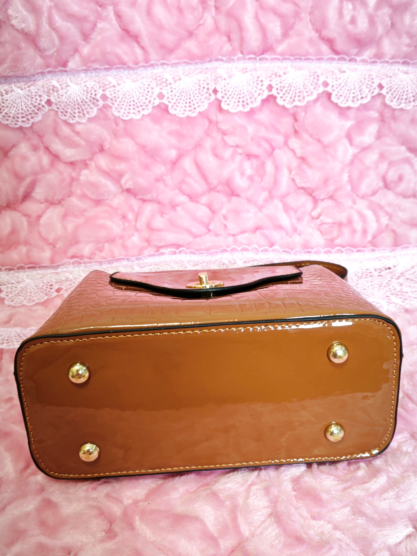 Caramel Patent Crocodile-Print Handbag