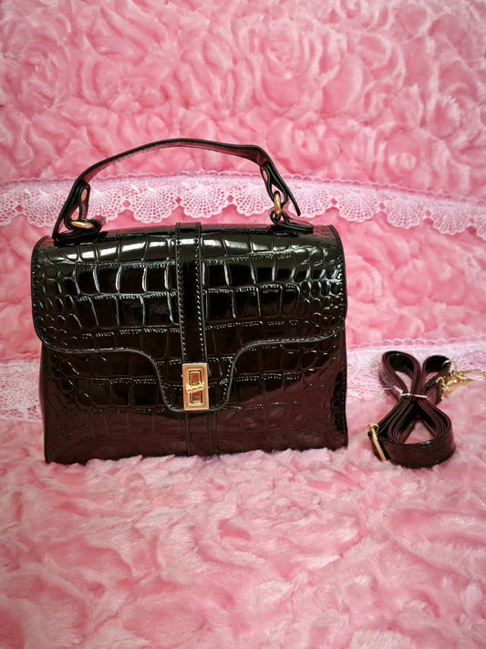 Black Patent Crocodile-Print Handbag