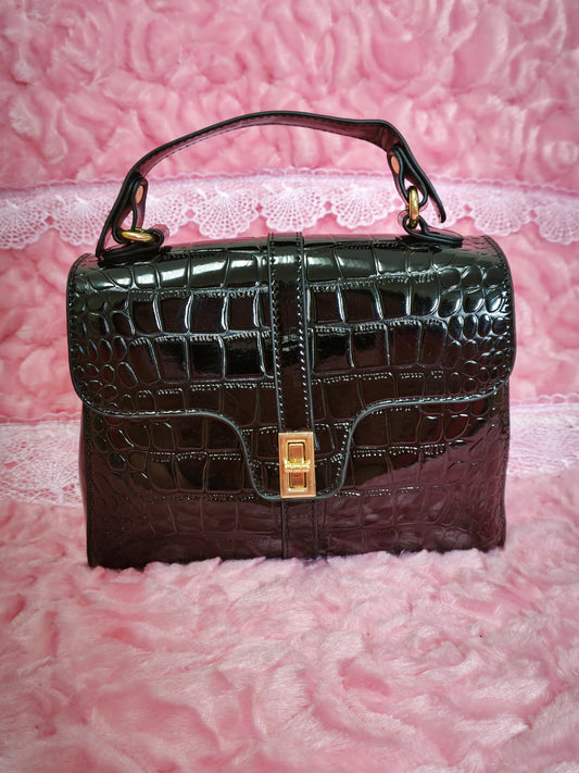 Black Patent Crocodile-Print Handbag