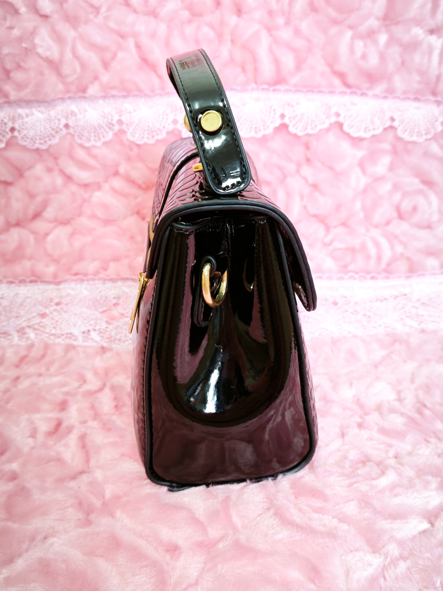 Black Patent Crocodile-Print Handbag