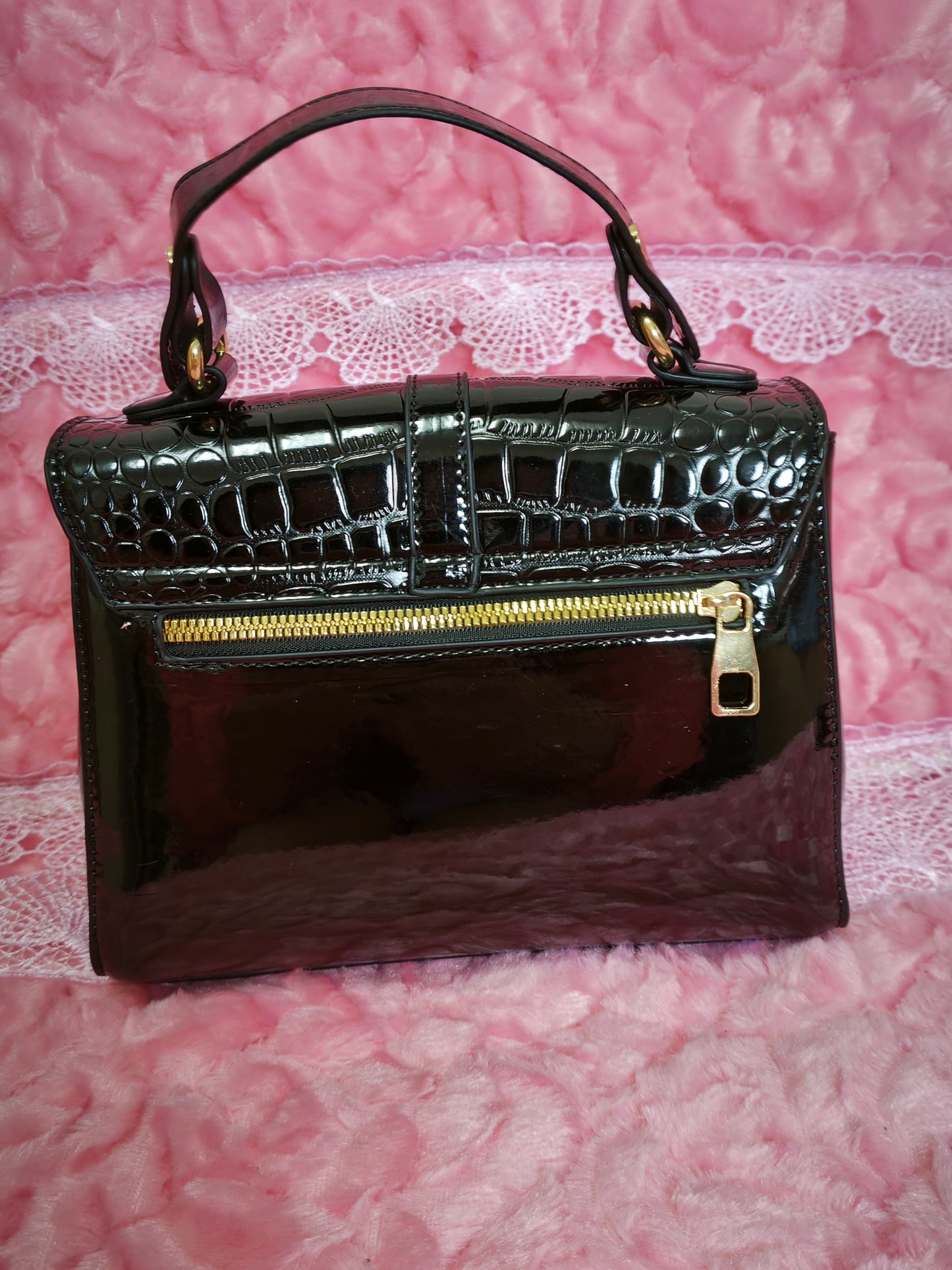 Black Patent Crocodile-Print Handbag