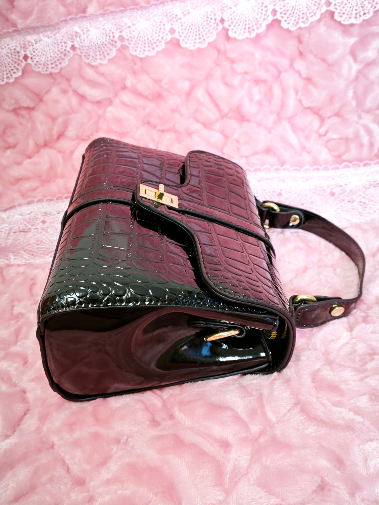 Black Patent Crocodile-Print Handbag
