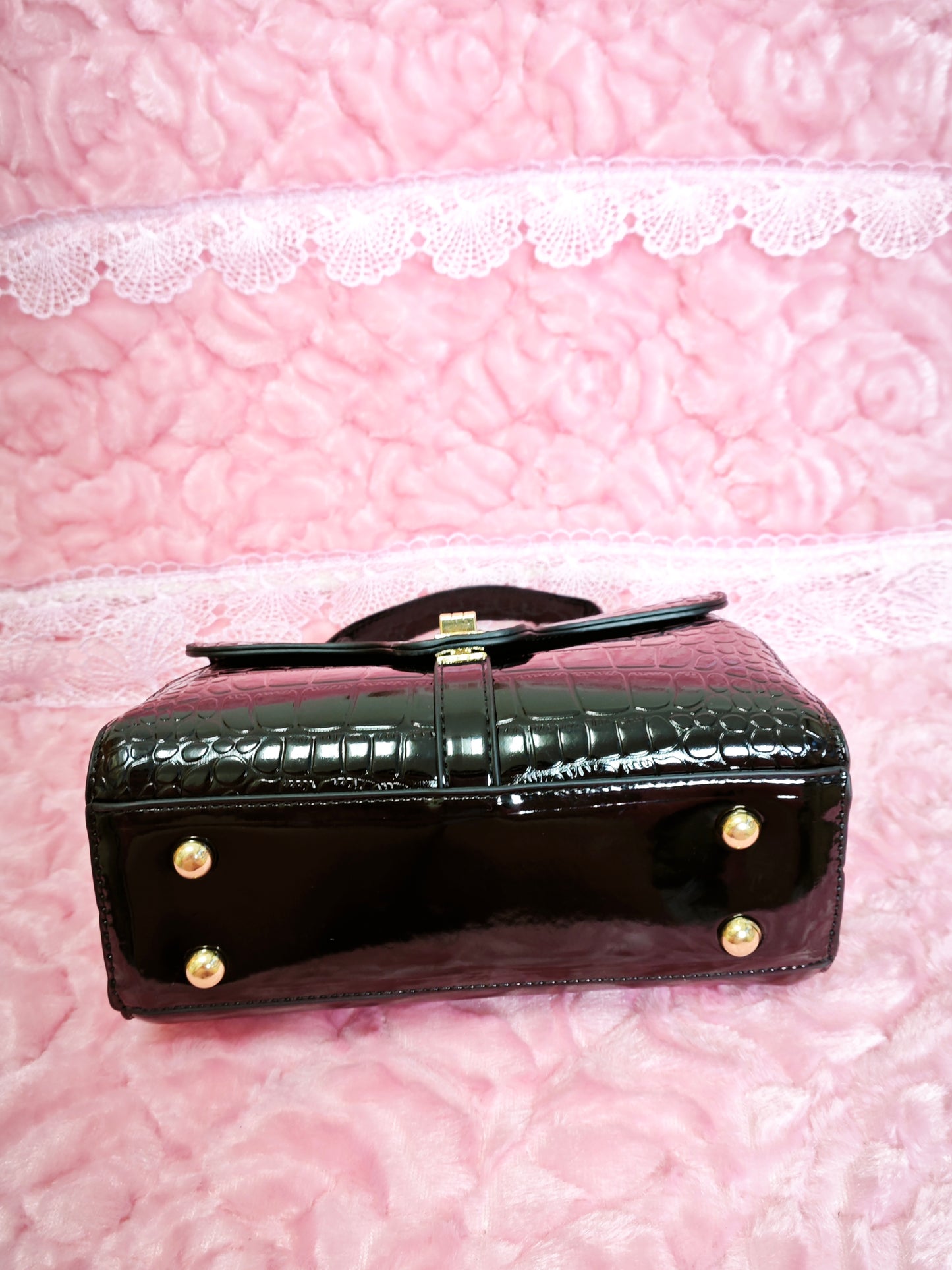 Black Patent Crocodile-Print Handbag