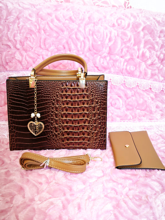 Brown Gradient 3D Crocodile-Print 3-Piece Handbag