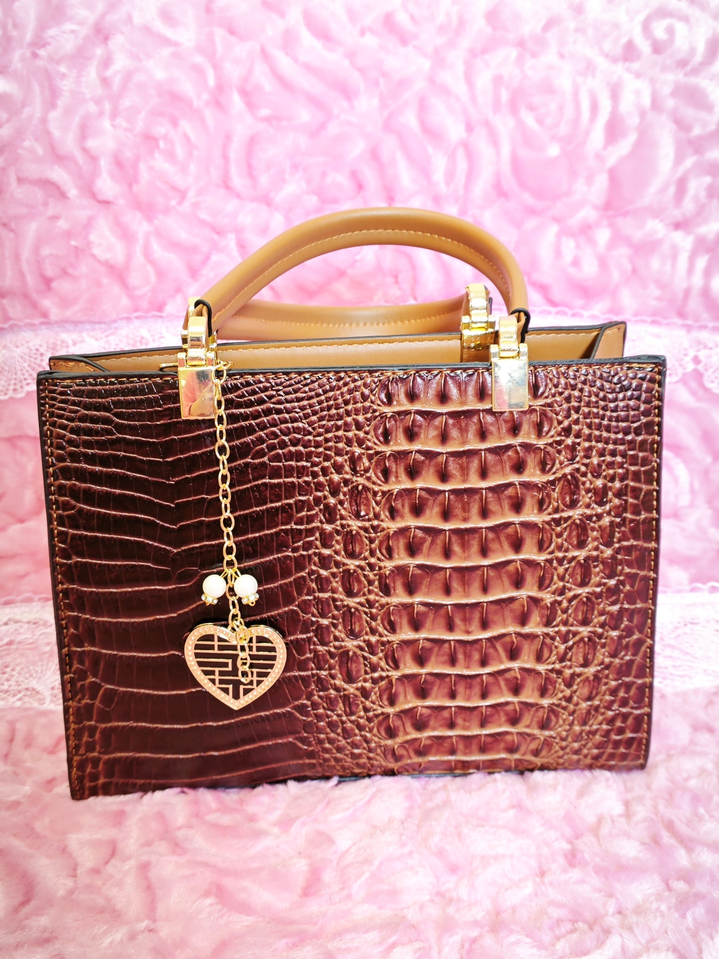 Brown Gradient 3D Crocodile-Print 3-Piece Handbag