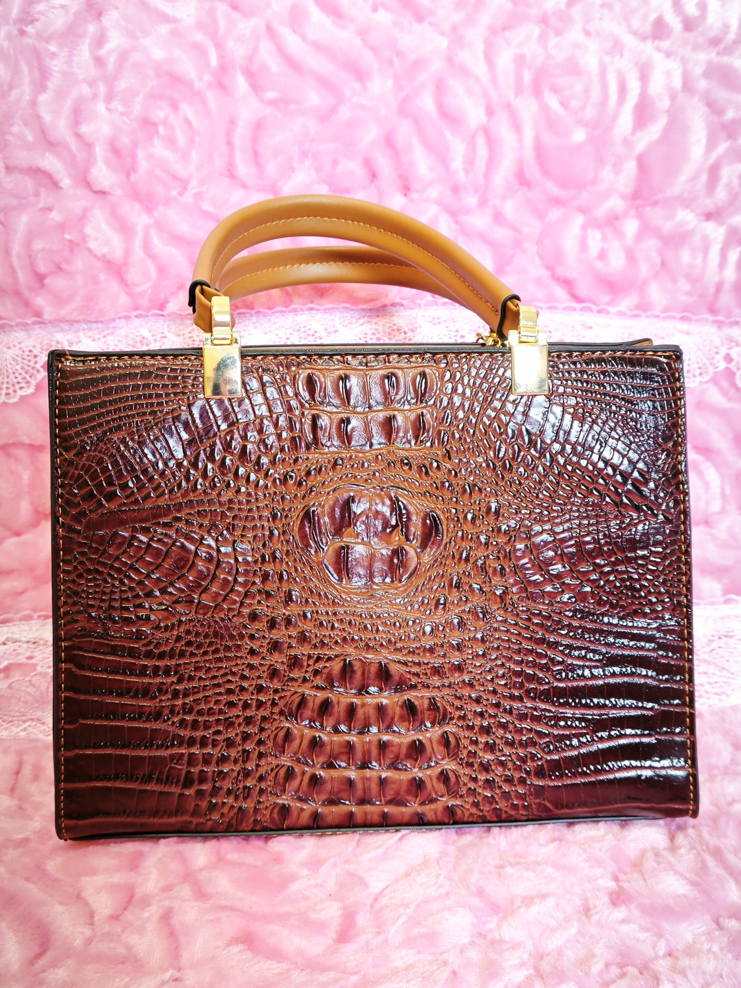Brown Gradient 3D Crocodile-Print 3-Piece Handbag