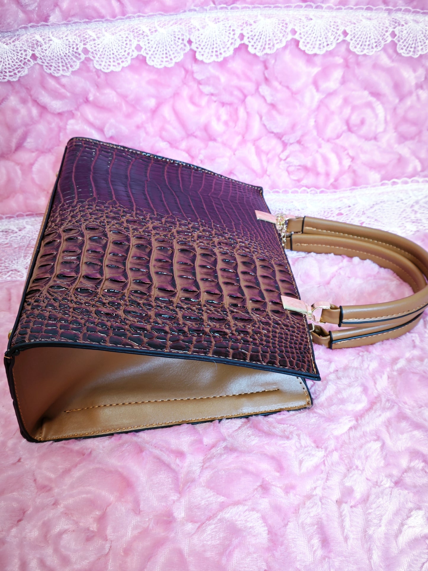 Brown Gradient 3D Crocodile-Print 3-Piece Handbag