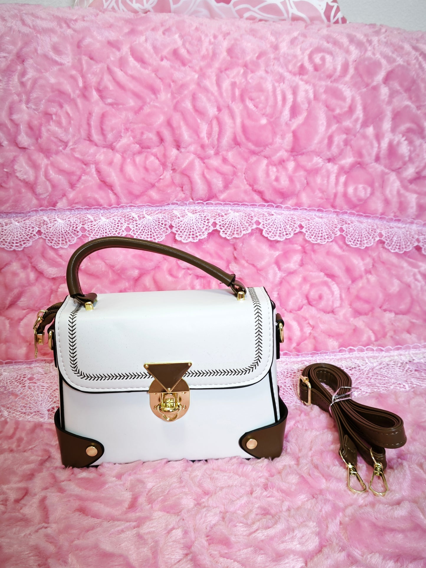 White & Brown Contrast-Stitched Handbag