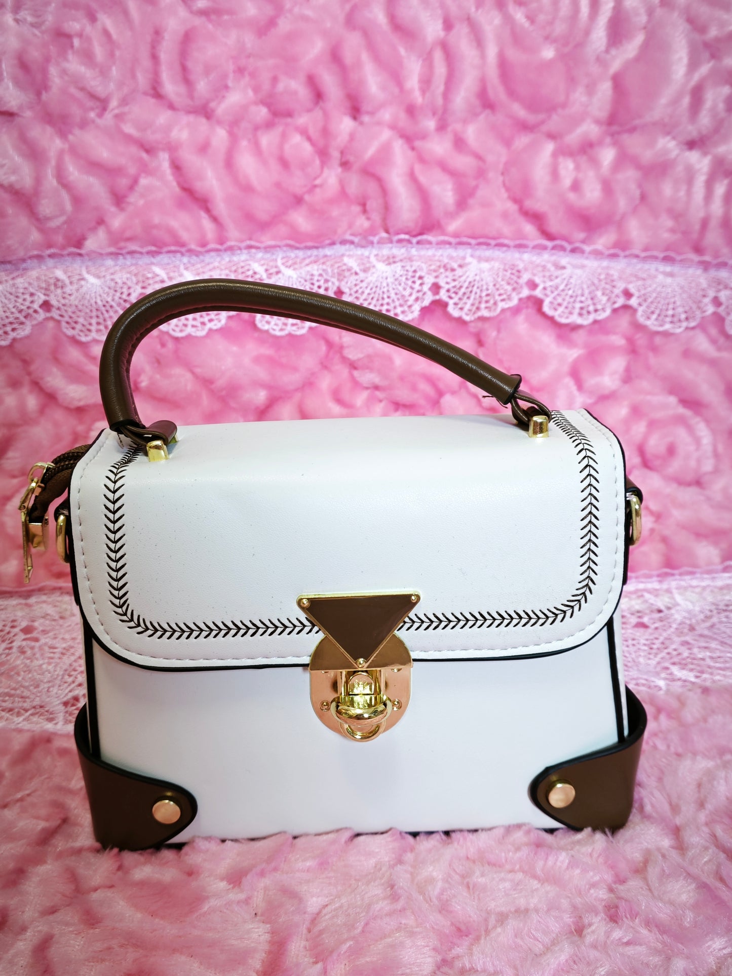 White & Brown Contrast-Stitched Handbag