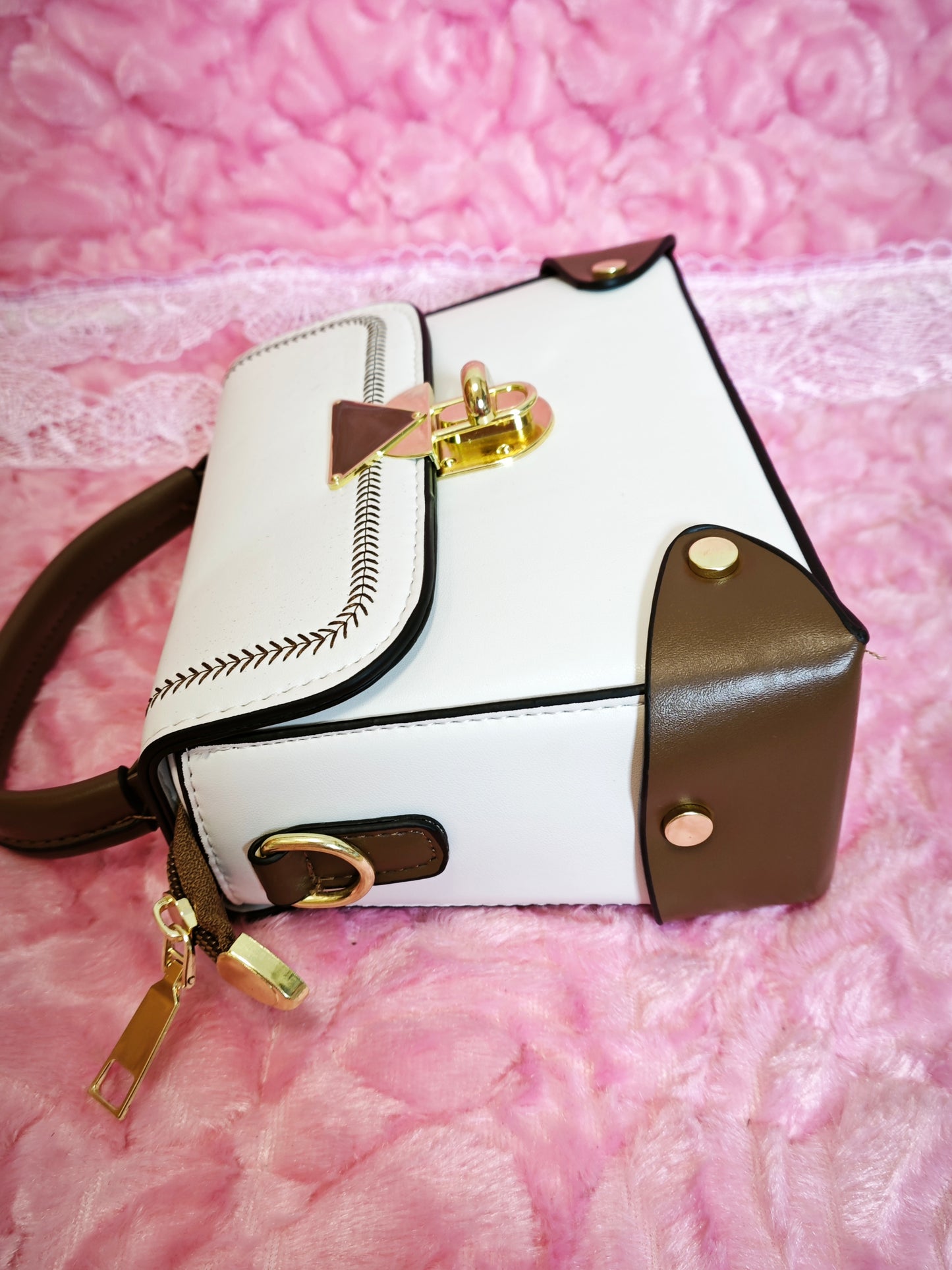 White & Brown Contrast-Stitched Handbag